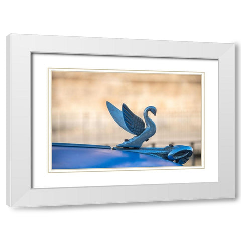 Close-up of a swan hood ornament on a classic blue American car in Vieja-old Habana-Havana-Cuba White Modern Wood Framed Art Print with Double Matting by Miglavs, Janis