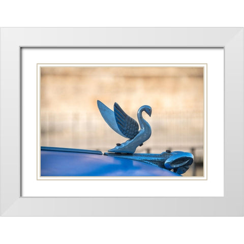 Close-up of a swan hood ornament on a classic blue American car in Vieja-old Habana-Havana-Cuba White Modern Wood Framed Art Print with Double Matting by Miglavs, Janis
