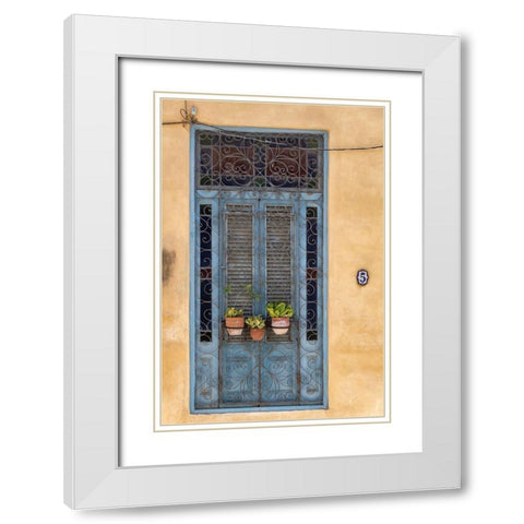 Flower pots sit in wrought iron gate in front of blue door in Old Havana; La Habana Vieja-Cuba White Modern Wood Framed Art Print with Double Matting by Miglavs, Janis