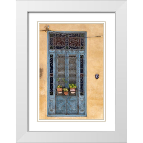 Flower pots sit in wrought iron gate in front of blue door in Old Havana; La Habana Vieja-Cuba White Modern Wood Framed Art Print with Double Matting by Miglavs, Janis