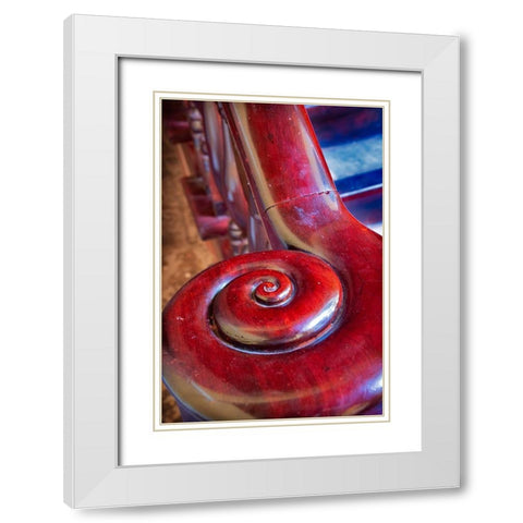 Snail shell-like curve on red wooden bannister handrail in Trinidad-Cuba White Modern Wood Framed Art Print with Double Matting by Miglavs, Janis