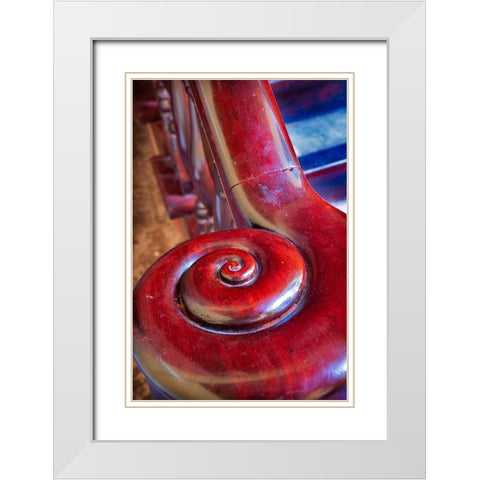Snail shell-like curve on red wooden bannister handrail in Trinidad-Cuba White Modern Wood Framed Art Print with Double Matting by Miglavs, Janis