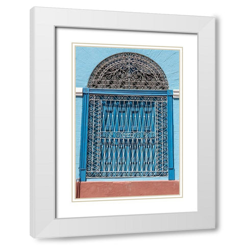 Ornate wrought iron covering on blue wooden window shutters-Trinidad-Cuba White Modern Wood Framed Art Print with Double Matting by Miglavs, Janis