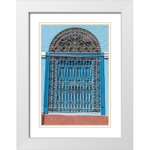 Ornate wrought iron covering on blue wooden window shutters-Trinidad-Cuba White Modern Wood Framed Art Print with Double Matting by Miglavs, Janis