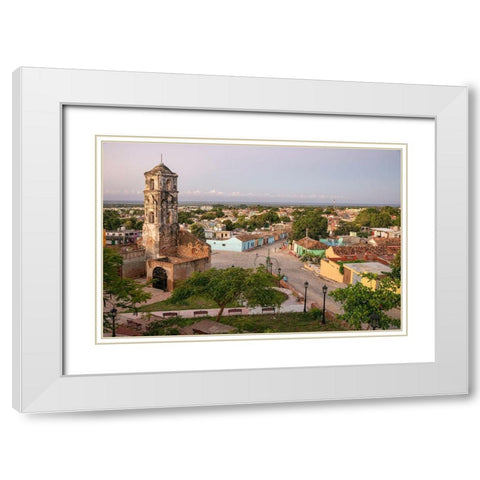 Morning hillside view of Santa Ana church-the plaza-Trinidad streets and the ocean-Cuba White Modern Wood Framed Art Print with Double Matting by Miglavs, Janis