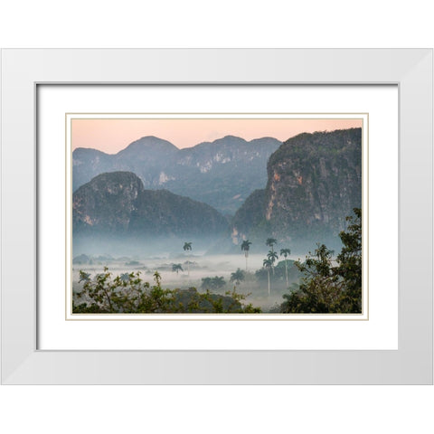 Morning fog rises from the palm tree lined Vinales Valley-Cuba White Modern Wood Framed Art Print with Double Matting by Miglavs, Janis