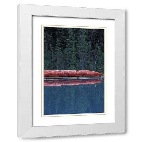 Canada, Alberta Canoes line the Lake Louise White Modern Wood Framed Art Print with Double Matting by Anon, Josh