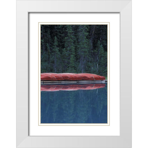 Canada, Alberta Canoes line the Lake Louise White Modern Wood Framed Art Print with Double Matting by Anon, Josh
