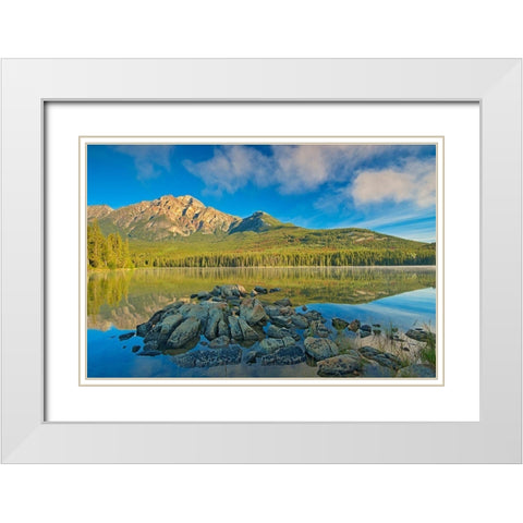 Canada-Alberta-Jasper National Park Pyramid Mountain and reflections on Pyramid Lake White Modern Wood Framed Art Print with Double Matting by Jaynes Gallery