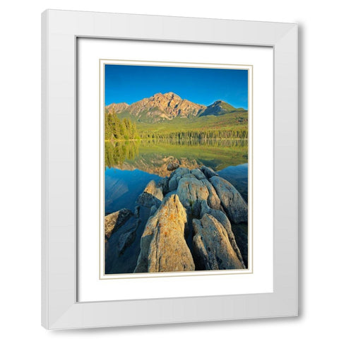 Canada-Alberta-Jasper National Park Pyramid Mountain and reflections on Pyramid Lake White Modern Wood Framed Art Print with Double Matting by Jaynes Gallery