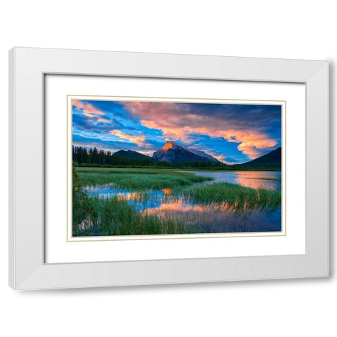 Canada-Alberta-Banff National Park Vermillion Lakes and Mt Rundle at sunrise White Modern Wood Framed Art Print with Double Matting by Jaynes Gallery