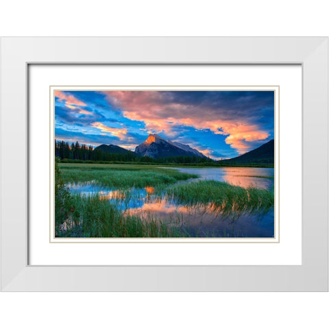 Canada-Alberta-Banff National Park Vermillion Lakes and Mt Rundle at sunrise White Modern Wood Framed Art Print with Double Matting by Jaynes Gallery