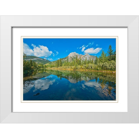 Canada-Alberta-Kananaskis Country Mount Lorette reflects in Lorette Ponds White Modern Wood Framed Art Print with Double Matting by Jaynes Gallery