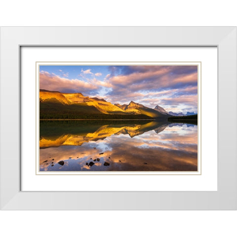 Evening light on Maligne Lake and Sampson Peak-Jasper National Park-Alberta-Canada White Modern Wood Framed Art Print with Double Matting by Bishop, Russ