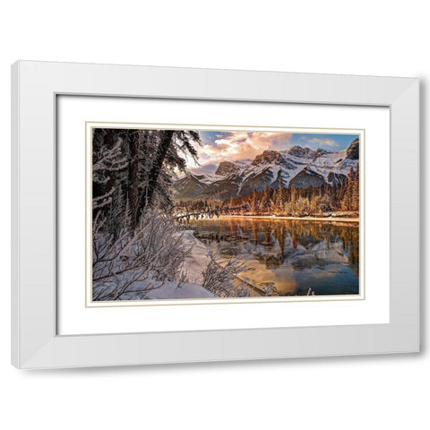 Bow river makes its icy way through Canmore-Canada White Modern Wood Framed Art Print with Double Matting by Steve Mohlenkamp