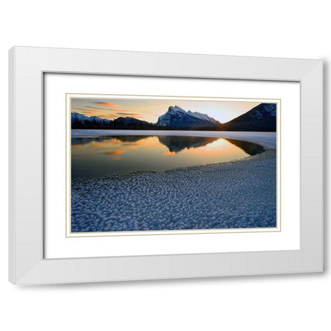 Snow crystals rim a lone break in the ice on Vermilion Lakes on a cold Banff National Park winter mo White Modern Wood Framed Art Print with Double Matting by Steve Mohlenkamp