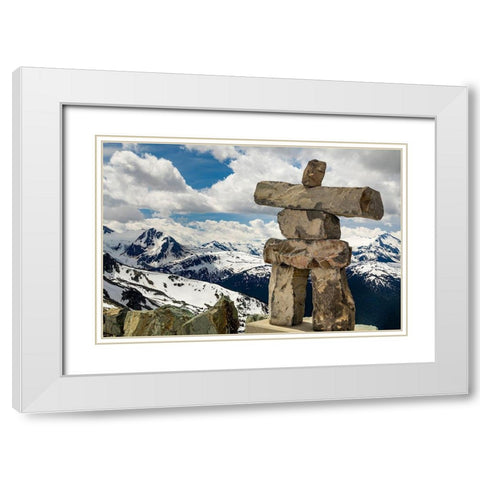 Canada-British Columbia Garibaldi Provincial Park Inukshuk stone figure close-up and mountains  White Modern Wood Framed Art Print with Double Matting by Jaynes Gallery