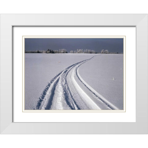 Canada, Manitoba, Tire tracks in snow landscape White Modern Wood Framed Art Print with Double Matting by Grandmaison, Mike