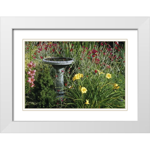 Canada, Manitoba, Fountain in garden White Modern Wood Framed Art Print with Double Matting by Grandmaison, Mike