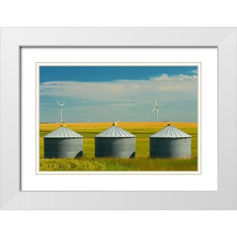 Canada, Somerset Wind turbines and grain bins White Modern Wood Framed Art Print with Double Matting by Grandmaison, Mike