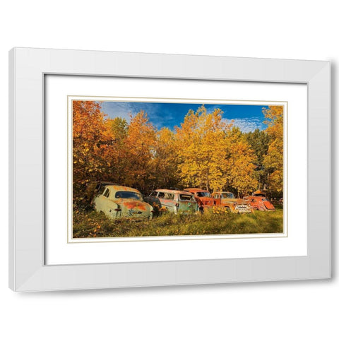 Canada-Manitoba-St Lupicin Vintage old vehicles in wrecking yard White Modern Wood Framed Art Print with Double Matting by Jaynes Gallery