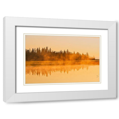 Canada-Manitoba-Riding Mountain National Park Fog rising above Whirlpool Lake at sunrise White Modern Wood Framed Art Print with Double Matting by Jaynes Gallery