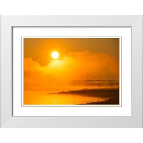 Canada-Manitoba-Riding Mountain National Park Fog rising above Whirlpool Lake at sunrise White Modern Wood Framed Art Print with Double Matting by Jaynes Gallery