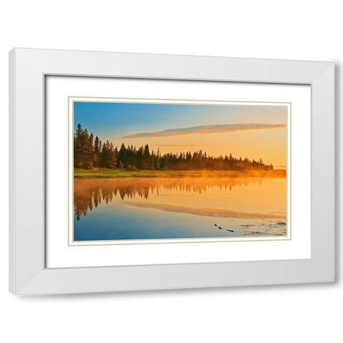 Canada-Manitoba-Riding Mountain National Park Fog rising above Whirlpool Lake at sunrise White Modern Wood Framed Art Print with Double Matting by Jaynes Gallery