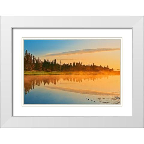 Canada-Manitoba-Riding Mountain National Park Fog rising above Whirlpool Lake at sunrise White Modern Wood Framed Art Print with Double Matting by Jaynes Gallery