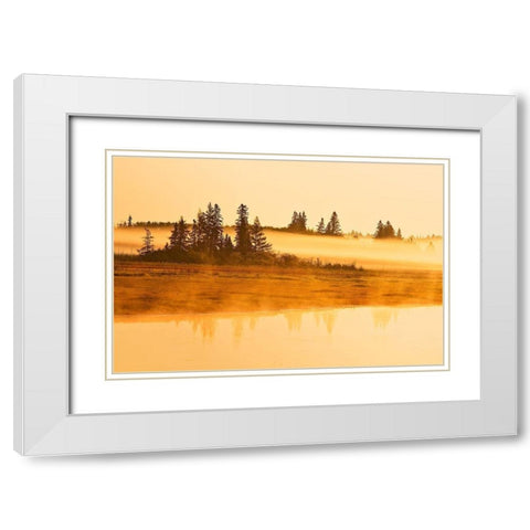 Canada-Manitoba-Riding Mountain National Park Fog rising above Whirlpool Lake at sunrise White Modern Wood Framed Art Print with Double Matting by Jaynes Gallery