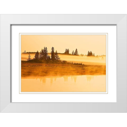 Canada-Manitoba-Riding Mountain National Park Fog rising above Whirlpool Lake at sunrise White Modern Wood Framed Art Print with Double Matting by Jaynes Gallery