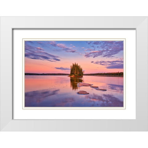 Canada- Manitoba- Paint Lake Provincial Park. Island on Paint Lake at sunrise. White Modern Wood Framed Art Print with Double Matting by Jaynes Gallery