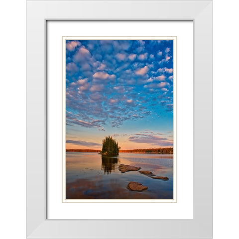 Canada- Manitoba- Paint Lake Provincial Park. Island on Paint Lake at sunrise. White Modern Wood Framed Art Print with Double Matting by Jaynes Gallery