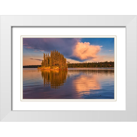Canada- Manitoba- Paint Lake Provincial Park. Island on Paint Lake at sunrise. White Modern Wood Framed Art Print with Double Matting by Jaynes Gallery