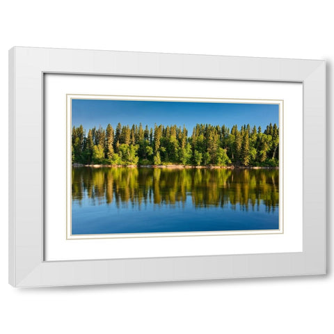 Canada- Manitoba- Paint Lake Provincial Park. Forest reflections on Paint Lake. White Modern Wood Framed Art Print with Double Matting by Jaynes Gallery