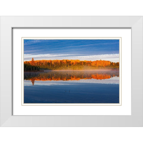 Canada- Manitoba- Duck Mountain Provincial Park. Morning fog on lake in autumn. White Modern Wood Framed Art Print with Double Matting by Jaynes Gallery
