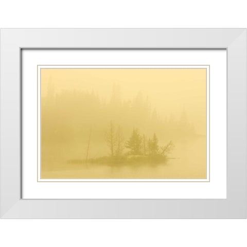Canada, Ontario Fog on lake with small island White Modern Wood Framed Art Print with Double Matting by Grandmaison, Mike