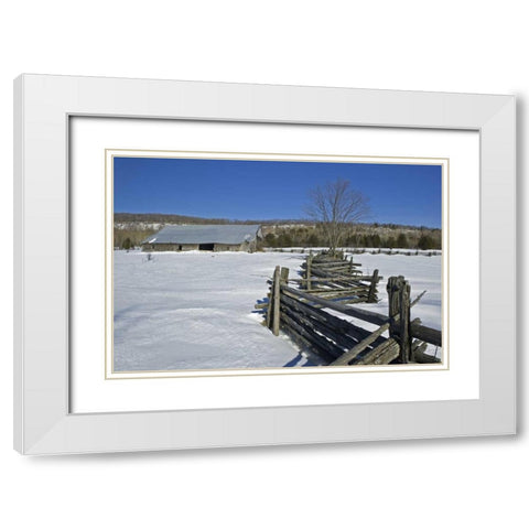Canada, Sheguindah Fence and barn in winter White Modern Wood Framed Art Print with Double Matting by Grandmaison, Mike