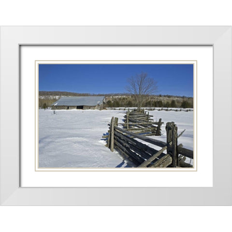 Canada, Sheguindah Fence and barn in winter White Modern Wood Framed Art Print with Double Matting by Grandmaison, Mike