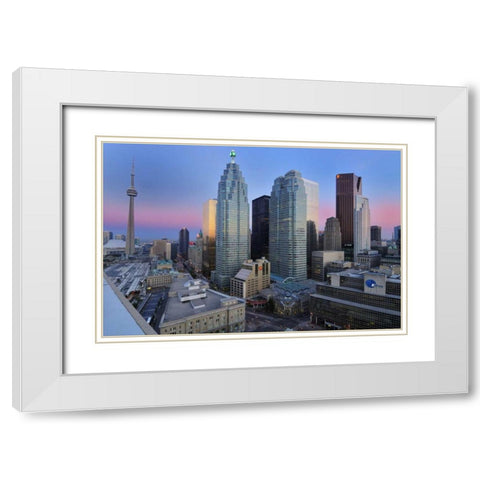 Toronto City at dusk with CN Tower White Modern Wood Framed Art Print with Double Matting by Grandmaison, Mike