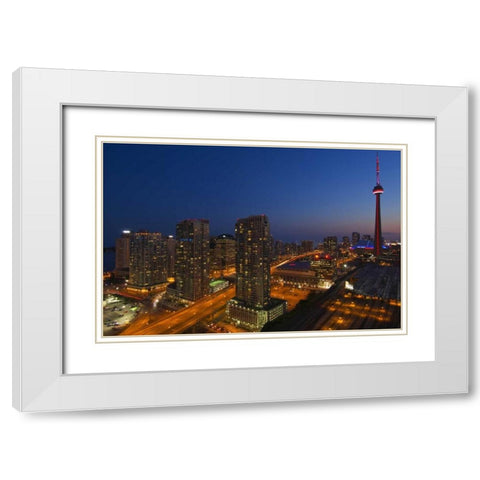 Toronto City at dusk with CN Tower White Modern Wood Framed Art Print with Double Matting by Grandmaison, Mike