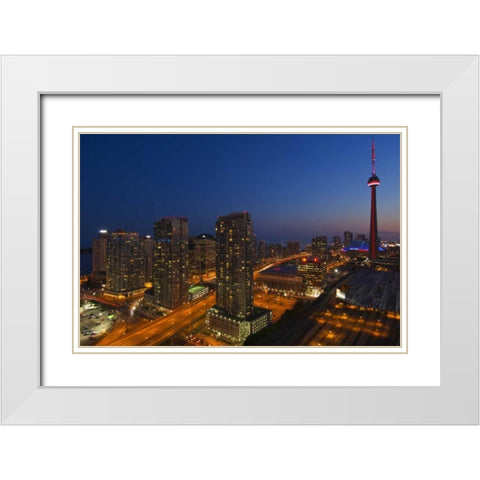 Toronto City at dusk with CN Tower White Modern Wood Framed Art Print with Double Matting by Grandmaison, Mike
