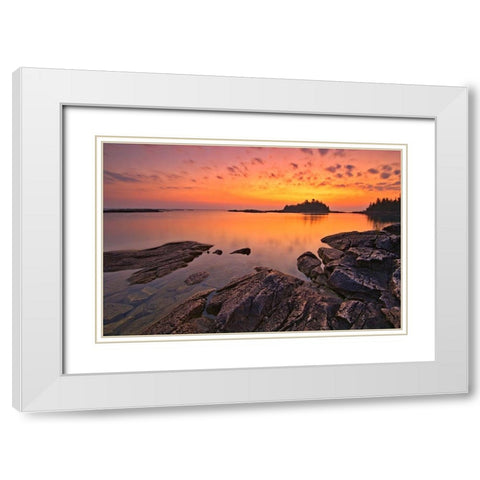 Canada-Ontario-Bruce Peninsula National Park Island and rocks in Georgian Bay at sunset White Modern Wood Framed Art Print with Double Matting by Jaynes Gallery