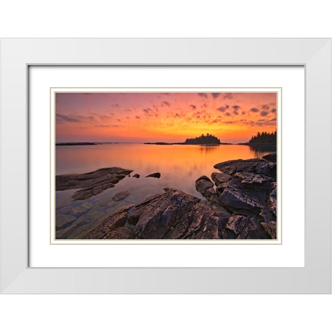 Canada-Ontario-Bruce Peninsula National Park Island and rocks in Georgian Bay at sunset White Modern Wood Framed Art Print with Double Matting by Jaynes Gallery