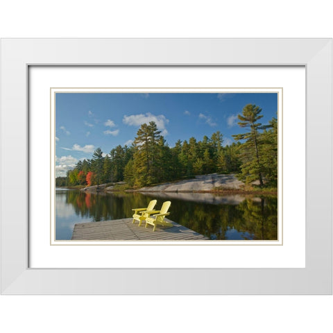 Canada-Ontario-Grundy Lake Provincial Park Muskoka chairs on lake dock White Modern Wood Framed Art Print with Double Matting by Jaynes Gallery