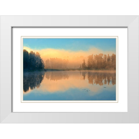 Canada-Ontario-Kenora Fog at sunrise on Isabel Lake White Modern Wood Framed Art Print with Double Matting by Jaynes Gallery