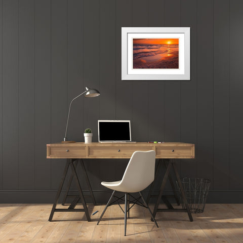 Canada-Ontario-Sandbanks Provincial Park-Waves on Lake Ontario beach at sunset White Modern Wood Framed Art Print with Double Matting by Jaynes Gallery