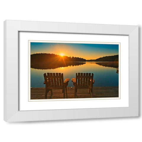 Canada-Ontario-Temagami Muskoka chairs on Snake Island Lake dock at sunrise White Modern Wood Framed Art Print with Double Matting by Jaynes Gallery