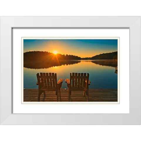 Canada-Ontario-Temagami Muskoka chairs on Snake Island Lake dock at sunrise White Modern Wood Framed Art Print with Double Matting by Jaynes Gallery