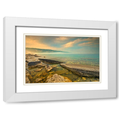 Canada-Ontario-Morning fog on Georgian Bay Limestone Rock Barrow Bay Bruce Peninsula White Modern Wood Framed Art Print with Double Matting by Jaynes Gallery